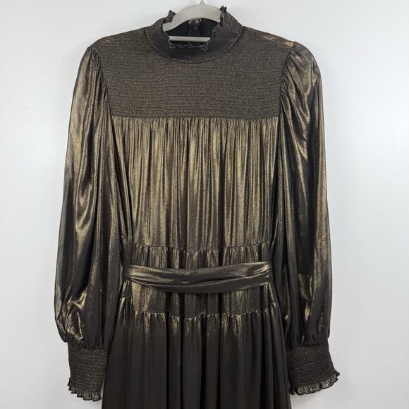 Smocked Tiered Alex Marie Gold Metallic High Neck Maxi Dress Size 10 Holiday - Picture 3 of 16